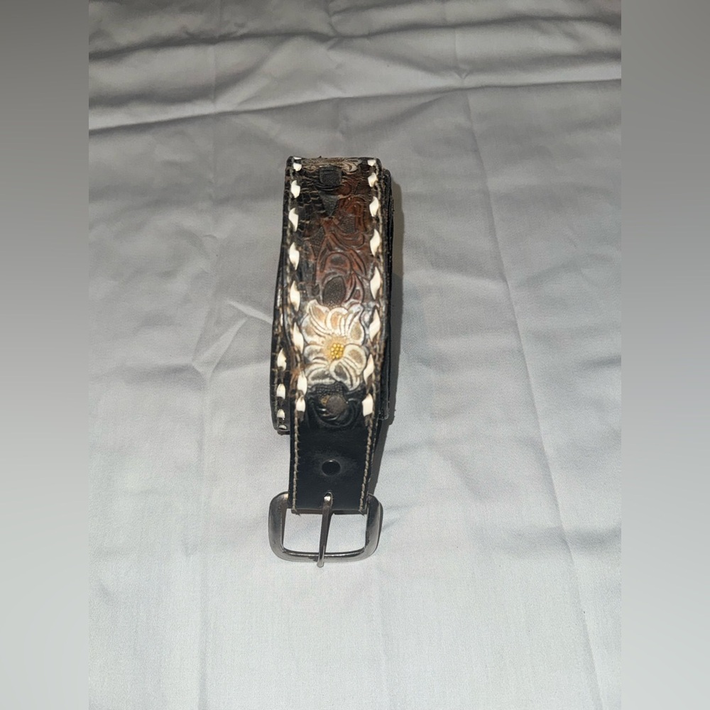 Vintage Hand Tooled Leather Western Belt Buckstitch Floral